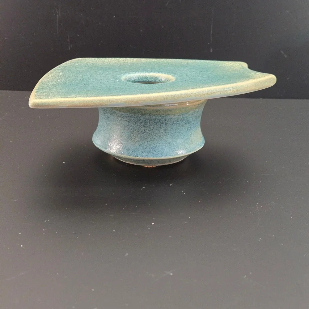 Studio Pottery Ikebana Vase Blue Green Speckled Glaze with‎ Flower Frog Kenzan